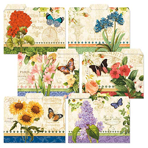 Grande Fleur File Folders - Set of 24 (6 designs) 1/3 Cut Staggered Tabs, Letter-Size Designed Folders