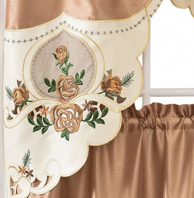 GOHD Rose Melody. 3pcs Kitchen Cafe Curtain Set. Swag and 24 inches Tiers Set for Small Windows. Nice Matching Color Rose Embroidery on Border and Inserted Organza. (Bronze)