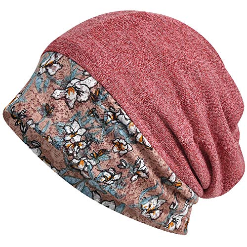 Cotton Beanie Flower Lace Turban, Sleep Cap, Chemo Cap, Slouchy Hat (2 Pack)