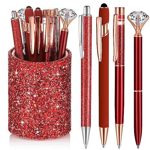 Sabary 8 Pcs Ballpoint Pens with Pen Holder for Desk Metal Crystal Diamond Pen Glitter Pencil Holder Fancy Pens Black Ink Bling Desk Organizer for Women Girls Office School Teacher Gifts (Red)