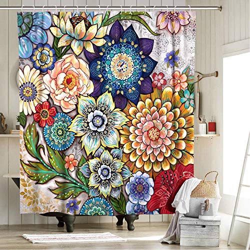 Bright Big Boho Floral Fabric Shower Curtain w/12 Hooks Set