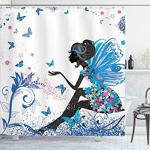 Ambesonne Fantasy Shower Curtain, Spring Girl Wings in a Floral Dress Surreal Garden Butterflies Print, Cloth Fabric Bathroom Decor Set with Hooks, 69