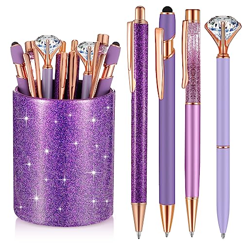 Sabary 8 Pcs Ballpoint Pens with Pen Holder for Desk Metal Crystal Diamond Pen Glitter Pencil Holder Fancy Pens Black Ink Bling Desk Organizer for Women Girls Office School Teacher Gifts (Violet)