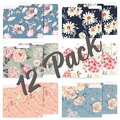 Floral Decorative File Folders, Letter Size for Office, School and Home, Set of 12, 6 Designs, 1/3 Cut Tabs