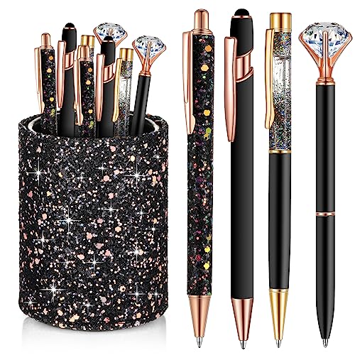 Sabary 8 Pcs Ballpoint Pens with Pen Holder for Desk Metal Crystal Diamond Pen Glitter Pencil Holder Fancy Pens Black Ink Bling Desk Organizer for Women Girls Office School Teacher Gifts (Black)