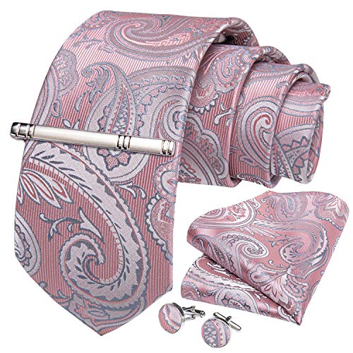 DiBanGu Blush Pink Ties for Men Party Wedding,Silk Pink Paisley Necktie and Pocket Square Set with Cufflinks Tie Clip,Mens Gift Tie Set Rose Gold