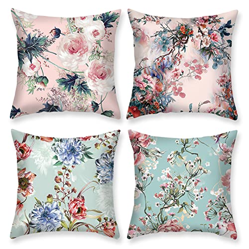Vevins Flower Throw Pillow Covers, Floral Decorative Cushion Shabby Chic Pillow Cases 18 x 18 Inch, Valentine's Day Pink Rose Pillow Cases for Sofa Couch Bench (4 Pack)