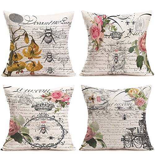 Hopyeer 4Set European Romantic Retro Style Garden Queen Bee Decor Throw Pillow Covers Vintage Postcard Quote Lettering Flower Roses Cotton Linen Pillowcase Home Sofa Cushion Cover 18