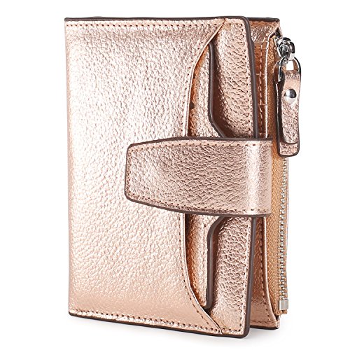 AINIMOER Women's RFID Blocking Leather Small Compact Bi-fold Zipper Pocket Wallet Card Case Purse(Lichee Champaign Gold)
