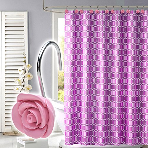 Lovely Pink Rose Anti-Rust Decorative Resin Shower Curtain Ring Hooks, Set of 12