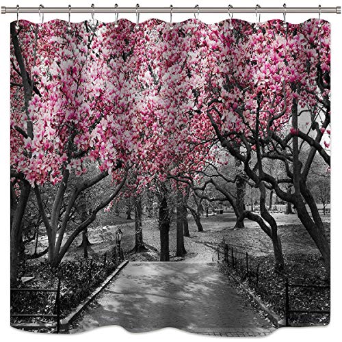 Blooming Pink and Gray Forest Flowers Shower Curtain w/12 Hooks