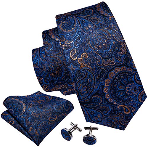 Barry.Wang Mens Paisley Tie Silk Jacquard Navy Blue Wedding Formal Business Neckties and Pocket Square Set Cufflinks