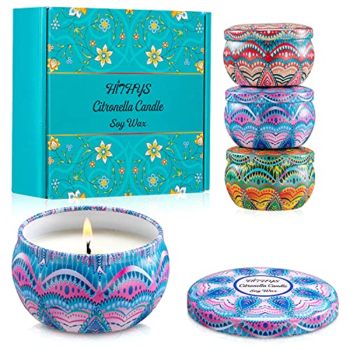 4-Pack Set of Indoor Fresh Fragrance Citronella Soy Candles in Large Decorated Tins