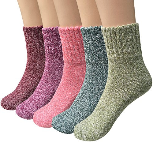 Loritta 5 Pairs Womens Vintage Style Winter Warm Thick Knit Wool Cozy Crew Socks,Free size,Multicolor