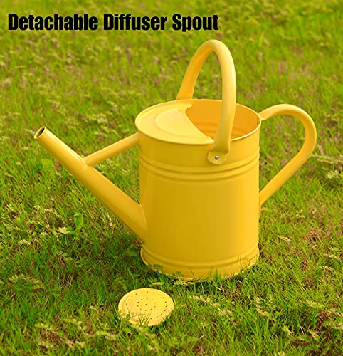 Joequality Watering Can for Outdoor Plants，1 Gallon Metal Plant Watering Can with Detachable Diffuser Spout，Galvanized Steel Gardening Tools，Yellow