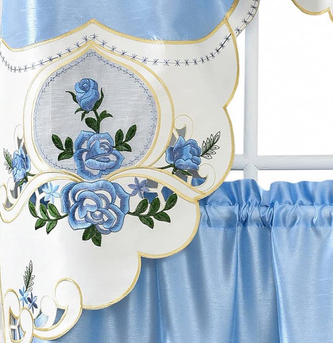 GOHD Rose Melody. 3pcs Kitchen Cafe Curtain Set. Swag and 24 inches Tiers Set for Small Windows. Nice Matching Color Rose Embroidery on Border and Inserted Organza. (Light Blue)