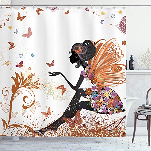 Ambesonne Fantasy Shower Curtain, Spring Girl Wings in a Floral Dress Surreal Garden Butterflies Print, Cloth Fabric Bathroom Decor Set with Hooks, 69