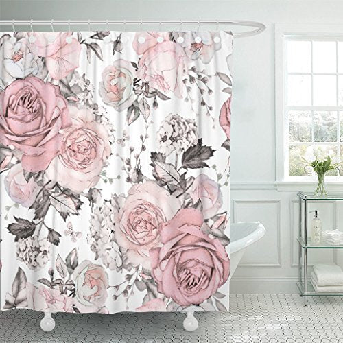 Shabby Chic Pink & Gray Roses Flowers Shower Curtain & Hooks Set  (3 sizes)
