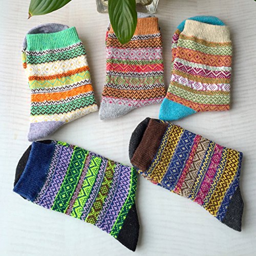 Loritta 5 Pairs Womens Vintage Style Winter Warm Thick Knit Wool Cozy Crew Socks, Multicolor