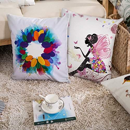 HGOD DESIGNS Flower Fairy Girl with Pink Wing Elves and Butterflies Throw Pillow Case Cushion Cover Fashion Home Decorative Sofa Bedroom Pillowcase Gift Double Sides Printed 18x18