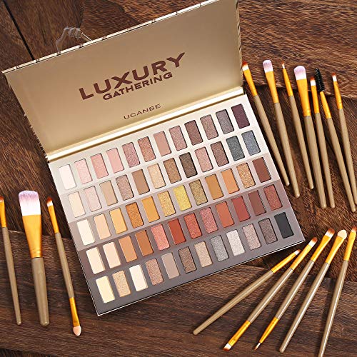 UCANBE 60 Colors Naked Eyeshadow Palette + 15Pcs Makeup Brush Set, All in One Nude Neutral Smokey Makeup Pallet with Brushes Tools, Pigmented Warm Matte Shimmer Powder Eye Shadows Cosmetic Halloween Beauty Kit
