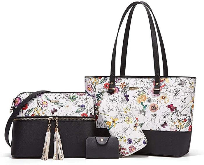 Women's Black & Beige Floral Print 4-Piece Tote Bag, Shoulder Handbag, Clutch Wallet & Card Holder Set  (3 styles)