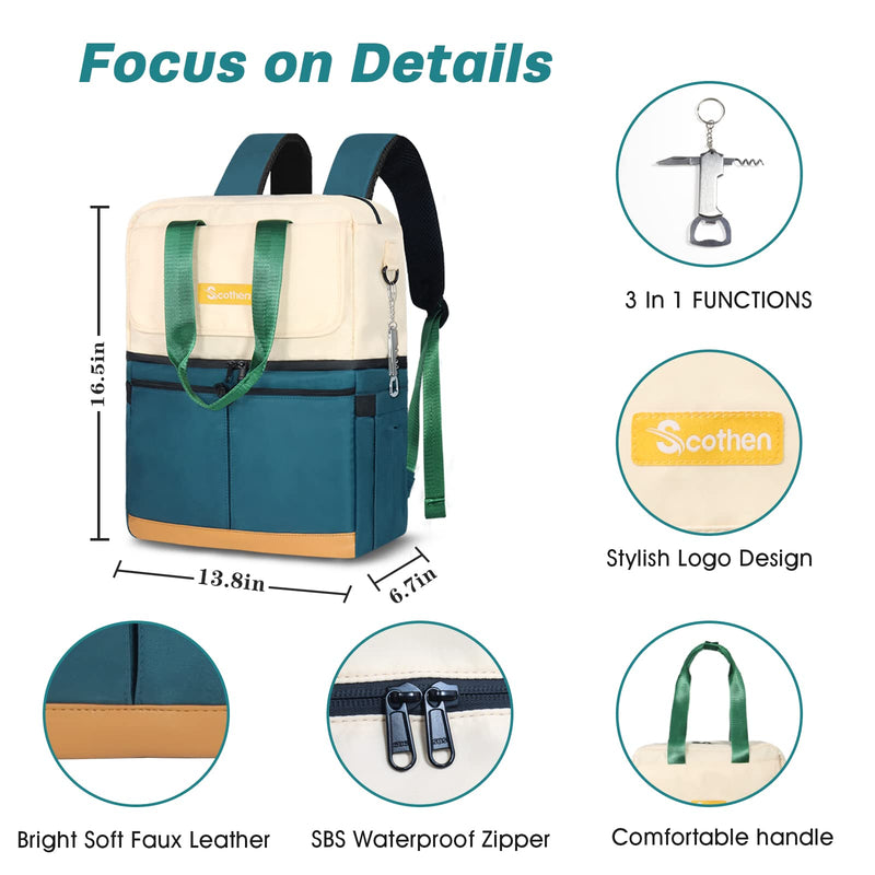 Scothen Backpack Cooler with Double Decker & 12 Ice Packs- Keeps 36 Cans Cold for Up to 24 Hours- Waterproof & Leak Proof Insulated Cooler Backpack- Stylish Cooler Bookbag for Women Travel Work Beach