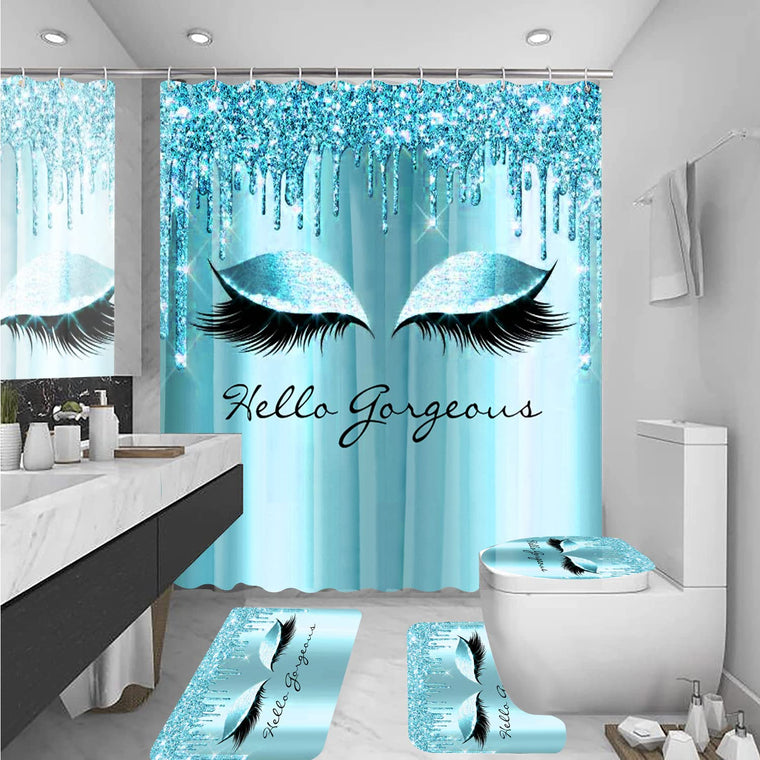 XVWJ 4PCS Blue Glittering Eyelash Bathroom Shower Curtain Sets with Rugs Toilet Lid Cover and Bath Mat, Hello Gorgeous Shower Curtains 12 Hooks, Durable Waterproof Bathroom Decor Shower Curtain Set