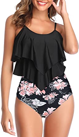 Pink, Black & Gray Floral Print 2-Pc Ruffled Top Tanktini w/Tummy Control, Plus Sizes  (2 styles)