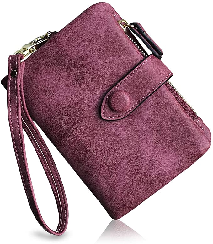 Women's Small Bifold RFID Blocking Wallet w/Wrist Band, Card Slots & Coin Purse  (7 colors)