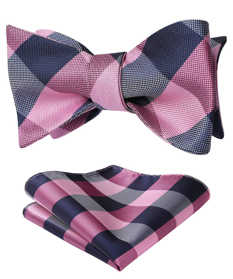 HISDERN Pink Bow Ties for Men Check Plaid Bowtie Self Tie and Pocket Square Classic Formal Tuxedo Wedding Bowties Handkerchief Set