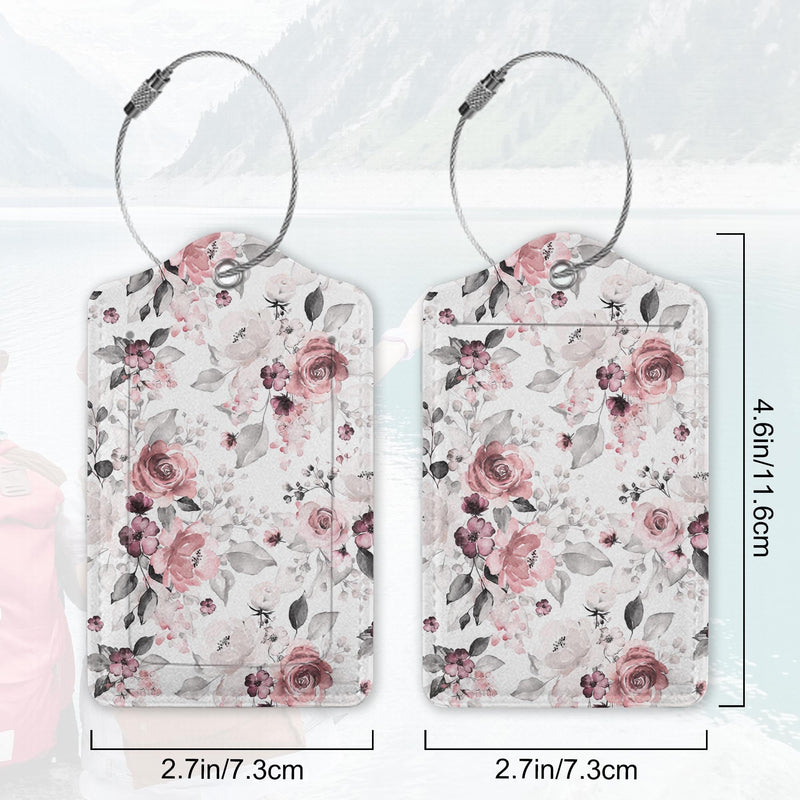 2Pcs Luggage Travel Tags w/Privacy Flap and Name ID Label, Metal Loop - Pink and Gray Tea Rose