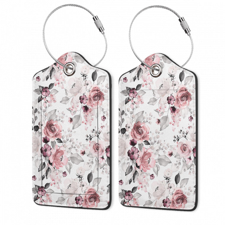 2Pcs Luggage Travel Tags w/Privacy Flap and Name ID Label, Metal Loop - Pink and Gray Tea Rose