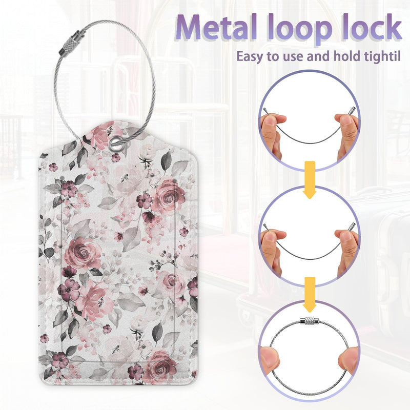 2Pcs Luggage Travel Tags w/Privacy Flap and Name ID Label, Metal Loop - Pink and Gray Tea Rose