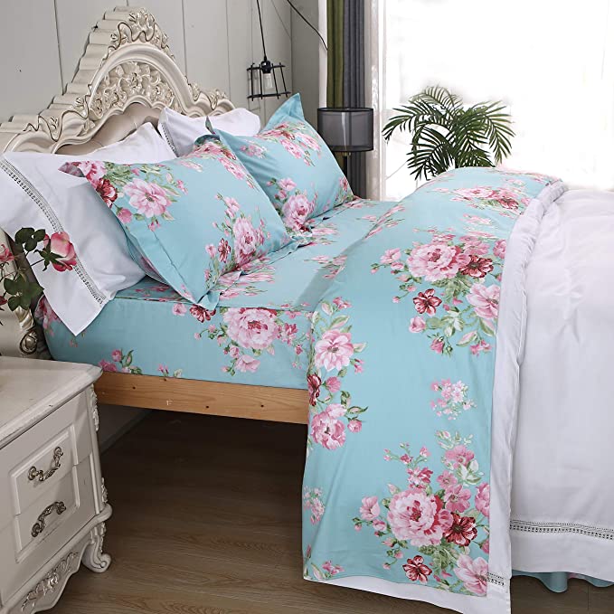 Shabby Pink & Mint Green Floral Deep Pocket Cotton Bed Sheet Set  (6 sizes)