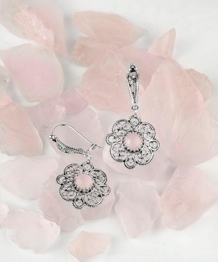 Sterling Silver Filigree Art Pink Chalcedony Gemstone Dangle Earrings