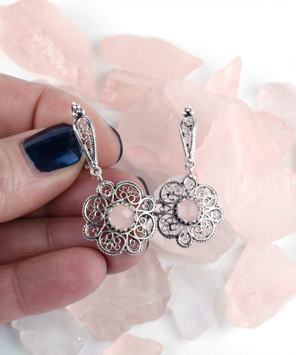 Sterling Silver Filigree Art Pink Chalcedony Gemstone Dangle Earrings