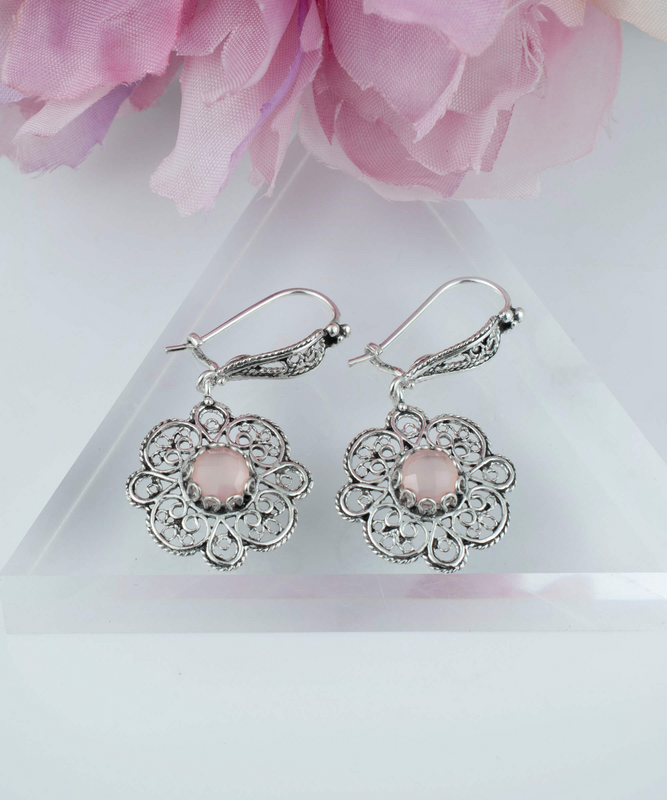 Sterling Silver Filigree Art Pink Chalcedony Gemstone Dangle Earrings