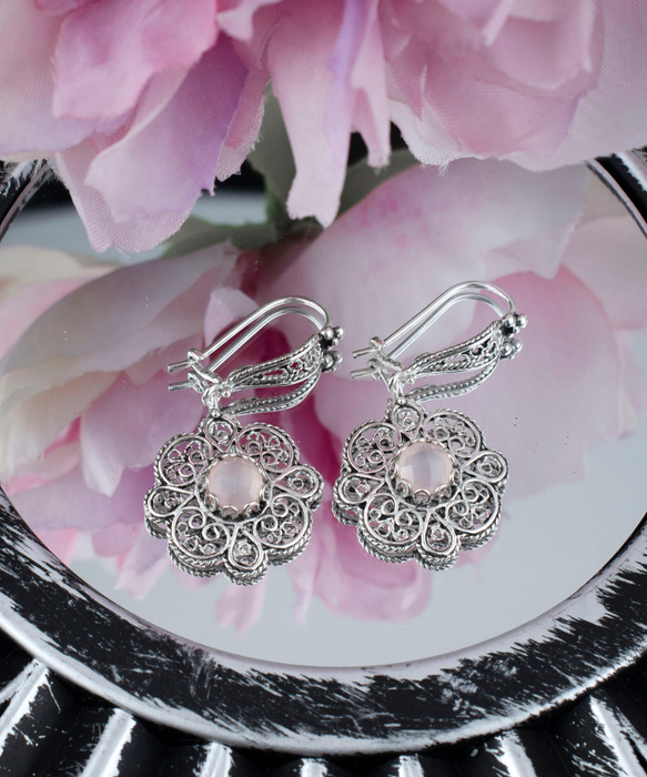 Sterling Silver Filigree Art Pink Chalcedony Gemstone Dangle Earrings