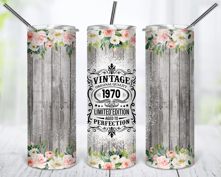 Vintage Floral Woods Birth Year 1940 to 2000 Double Wall Insulated 20oz Straight Skinny Stainless Steel Tumbler Gift