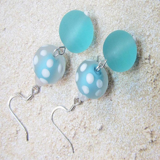 Aqua Blue & White Polka Dot Sea Glass Earrings