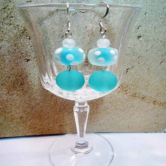 Aqua Blue & White Polka Dot Sea Glass Earrings