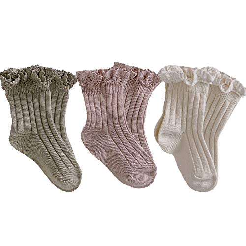 Ashmyova Baby Girls Vintage Ankel Lace Socks Toddler Ruffles Casual Dress Socks 3 Pack (Pink/Beige/Kahhi, 6-24 Months)