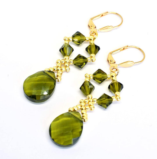 Genuine Austrian Crystal Teardrop Dangle Earrings - Olive Green