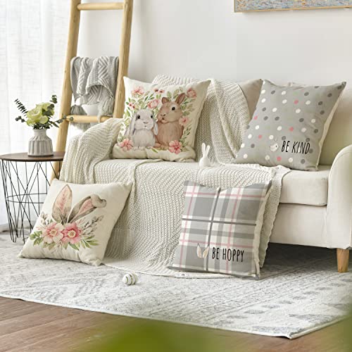 AVOIN colorlife Easter Rabbit Flower Buffalo Plaid Be Hoppy Gray Throw Pillow Cover, 18 x 18 Inch Polka Dot Bird Be Kind Cushion Case Decoration for Sofa Couch Set of 4 - Pink and Caboodle