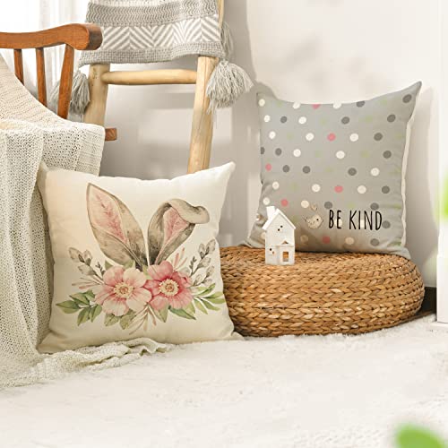 AVOIN colorlife Easter Rabbit Flower Buffalo Plaid Be Hoppy Gray Throw Pillow Cover, 18 x 18 Inch Polka Dot Bird Be Kind Cushion Case Decoration for Sofa Couch Set of 4 - Pink and Caboodle