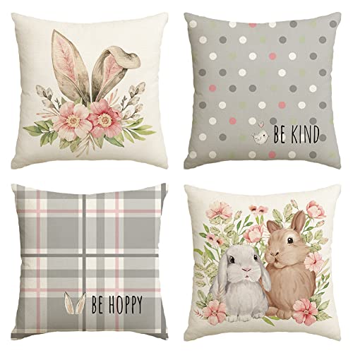 AVOIN colorlife Easter Rabbit Flower Buffalo Plaid Be Hoppy Gray Throw Pillow Cover, 18 x 18 Inch Polka Dot Bird Be Kind Cushion Case Decoration for Sofa Couch Set of 4