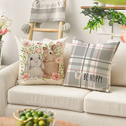 AVOIN colorlife Easter Rabbit Flower Buffalo Plaid Be Hoppy Gray Throw Pillow Cover, 18 x 18 Inch Polka Dot Bird Be Kind Cushion Case Decoration for Sofa Couch Set of 4 - Pink and Caboodle