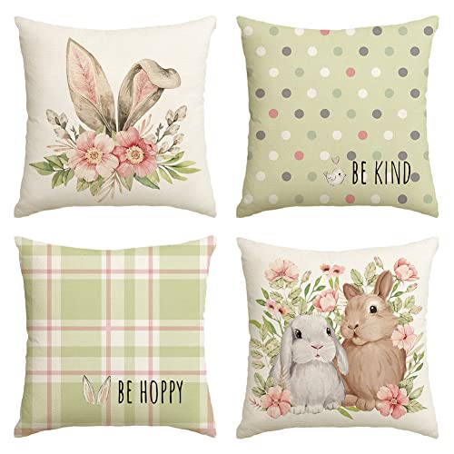 AVOIN colorlife Easter Rabbit Flower Buffalo Plaid Be Hoppy Green Throw Pillow Cover, 18 x 18 Inch Polka Dot Bird Be Kind Cushion Case Decoration for Sofa Couch Set of 4