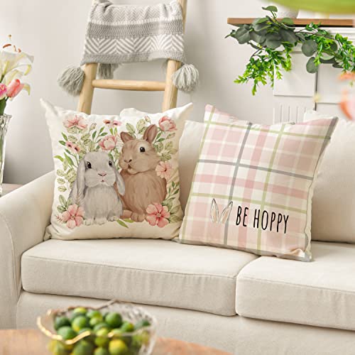 AVOIN colorlife Easter Rabbit Flower Buffalo Plaid Be Hoppy Throw Pillow Cover, 18 x 18 Inch Polka Dot Bird Be Kind Cushion Case Decoration for Sofa Couch Set of 4 - Pink and Caboodle